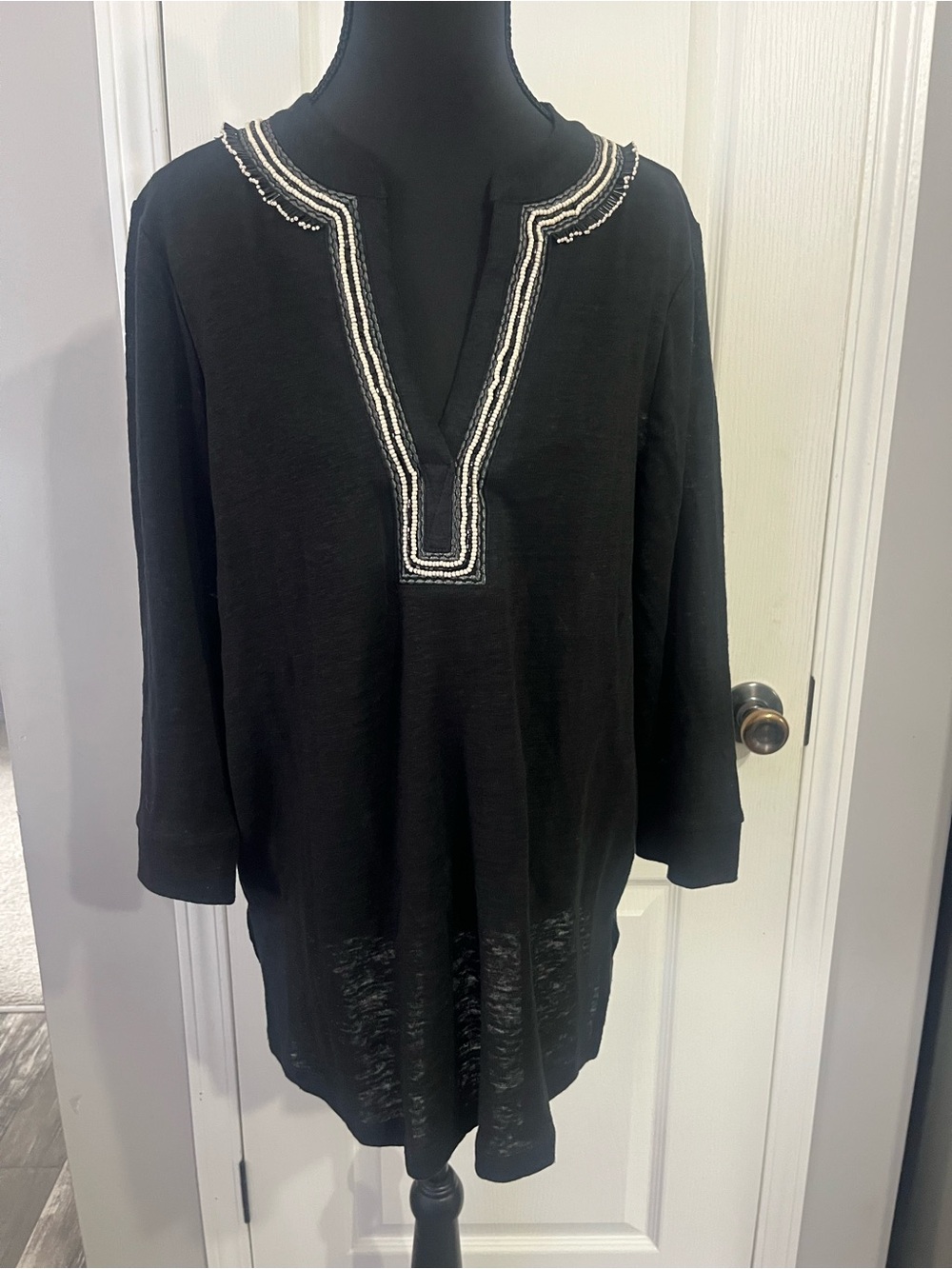 Chico's Beaded Trim Linen Black Tunic with V-Neck